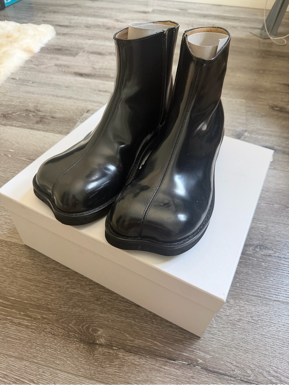MM6 Maison Martin Margiela ‘Anatomic’ Black Glossy Leather Ankle Boots